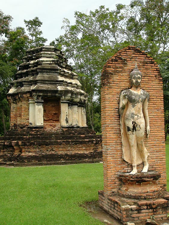 Small stupa with Image of Walking Buddha at Wat Traphang Ngoen, Sukhothai