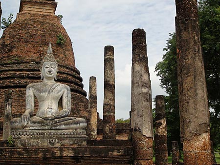 Sitting Budda Image in Assembly Hall in front of the main Stupa at Wat Sa Si, Sukhothai. 
